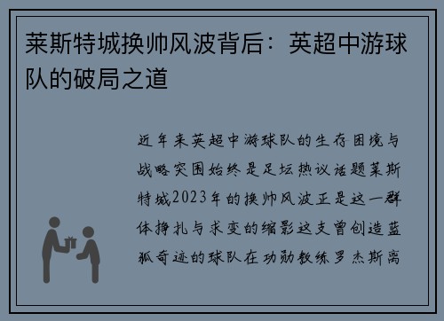 莱斯特城换帅风波背后：英超中游球队的破局之道
